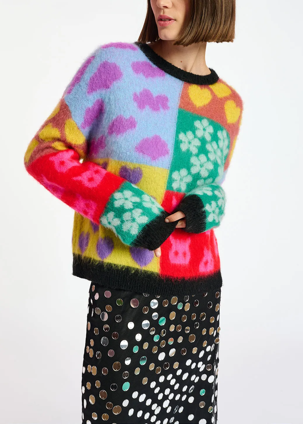 Multicolor graphic intarsia-knitted sweater