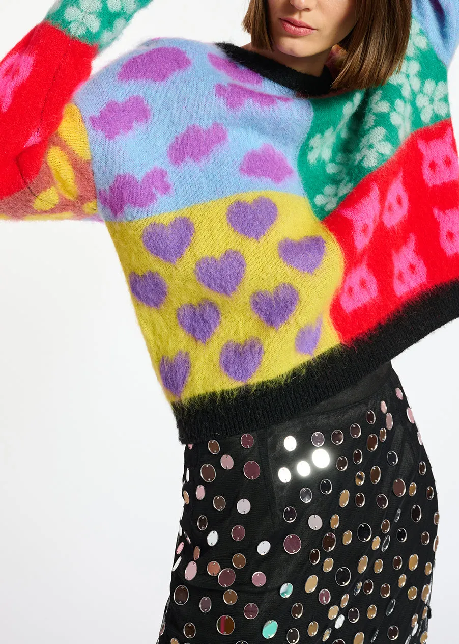 Multicolor graphic intarsia-knitted sweater