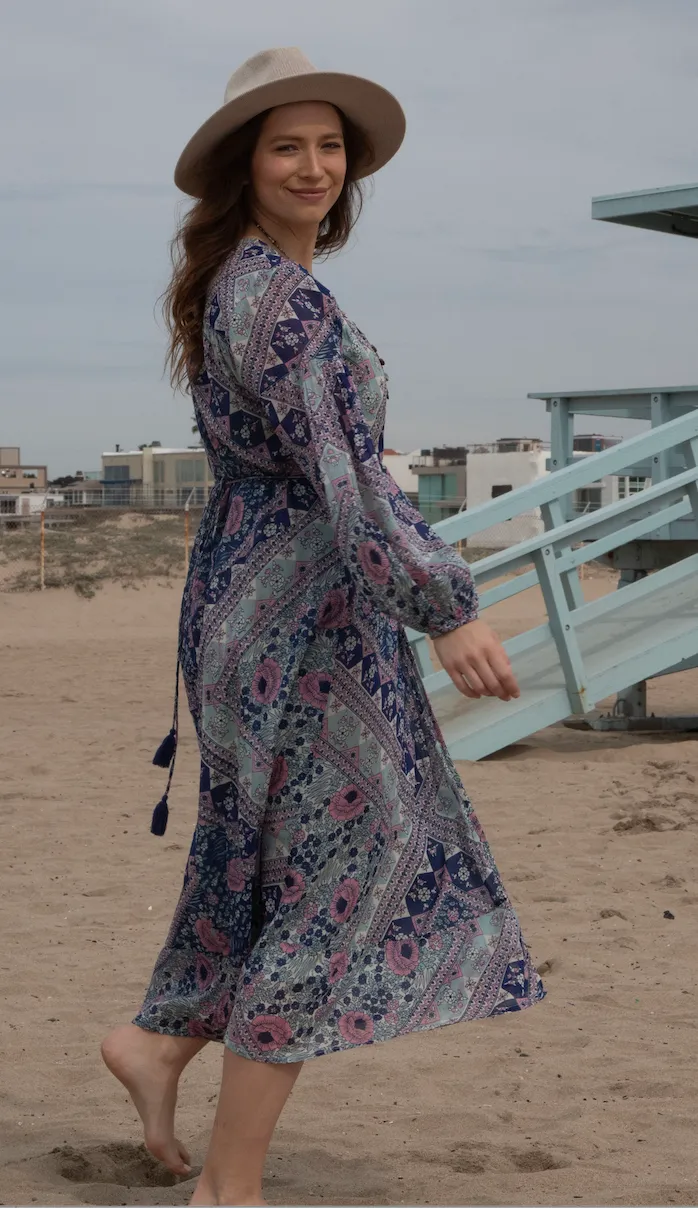 Naomi Printed Maxi Wrap Dress Long Sleeves Blue
