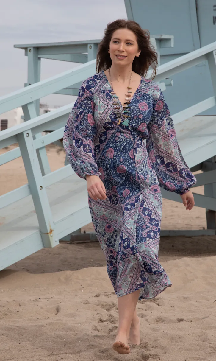 Naomi Printed Maxi Wrap Dress Long Sleeves Blue