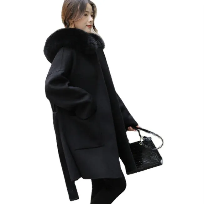 New fashion luxury winter cashmere coat  long classic woman wool coat with hood ladies winter jackets coats