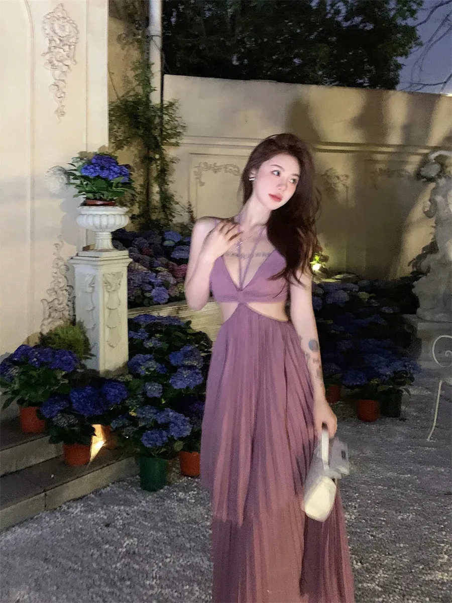 New Fashion  Sexy Pleated  Bohemian Long Dress Vacation Beach Spaghetti Strap A-Line Sundress