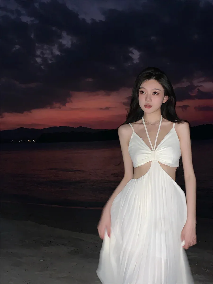 New Fashion  Sexy Pleated  Bohemian Long Dress Vacation Beach Spaghetti Strap A-Line Sundress