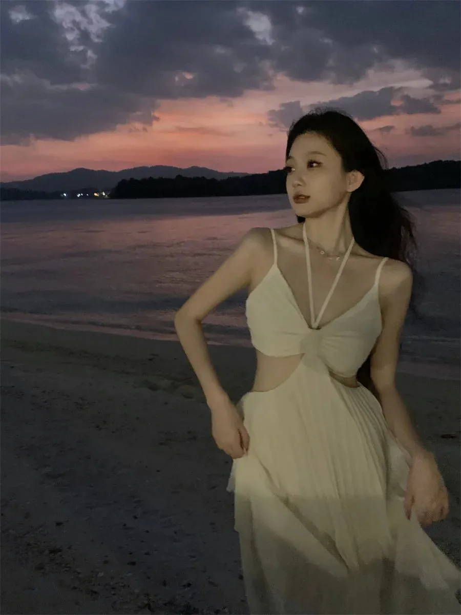 New Fashion  Sexy Pleated  Bohemian Long Dress Vacation Beach Spaghetti Strap A-Line Sundress