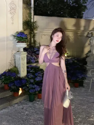 New Fashion  Sexy Pleated  Bohemian Long Dress Vacation Beach Spaghetti Strap A-Line Sundress