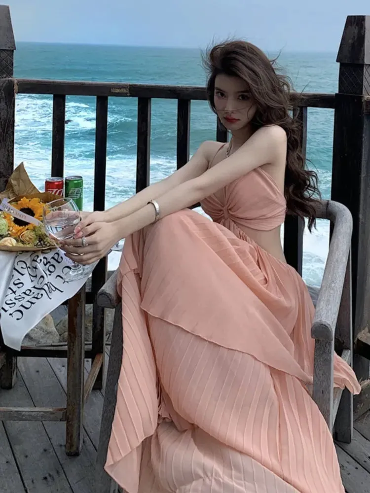 New Fashion  Sexy Pleated  Bohemian Long Dress Vacation Beach Spaghetti Strap A-Line Sundress