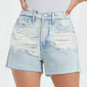 New! Good American Good Light Washed Blue 90s Shred Jean Shorts NWT 10929