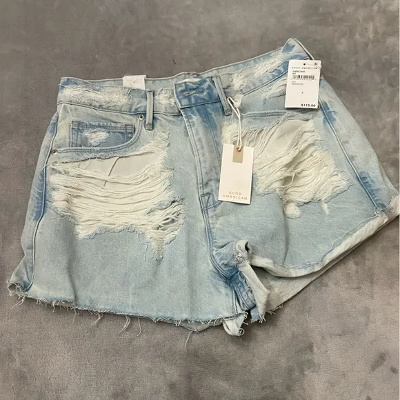 New! Good American Good Light Washed Blue 90s Shred Jean Shorts NWT 10929