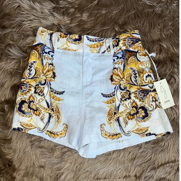 New Joie Linen High Waist Brocade Paisley Shorts size L
