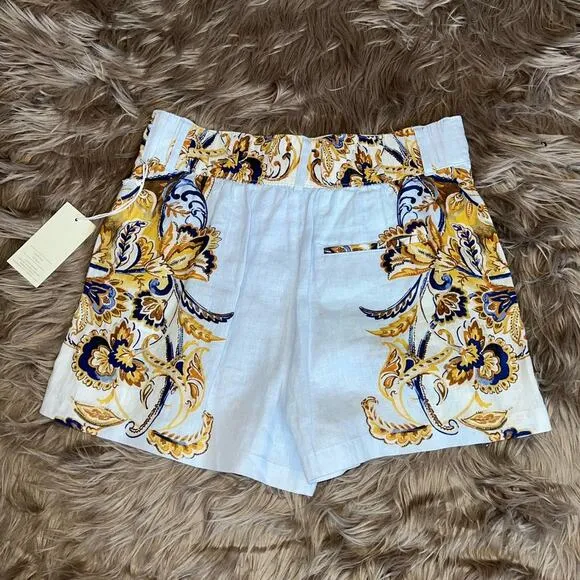 New Joie Linen High Waist Brocade Paisley Shorts size L