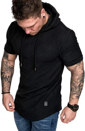 NEW Lexiart Mens Fashion Athletic Hoodies Sport Sweatshirt Solid Color Fleece Pullover, Short Sleeve, Black, Sz M