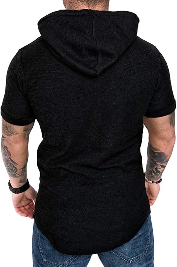 NEW Lexiart Mens Fashion Athletic Hoodies Sport Sweatshirt Solid Color Fleece Pullover, Short Sleeve, Black, Sz M