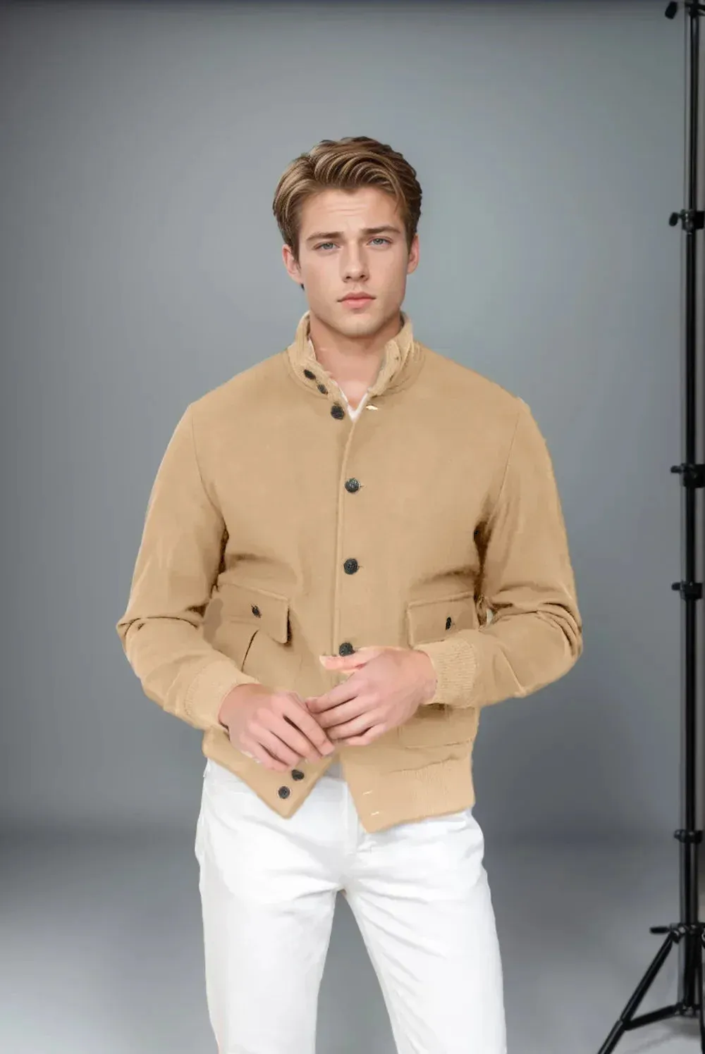 New Mens Casual Woolen Overcoat,New Style, Fashionable Ribbed Collar, Multi-Pocket