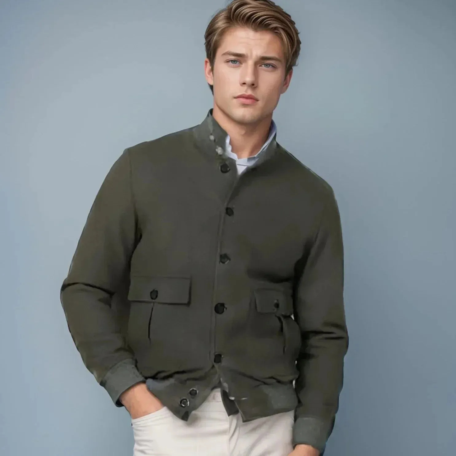 New Mens Casual Woolen Overcoat,New Style, Fashionable Ribbed Collar, Multi-Pocket