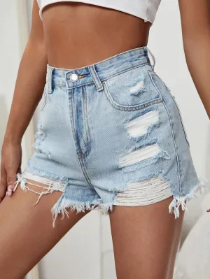 New Shein Raw Hem Distressed Denim Shorts, Sz L!