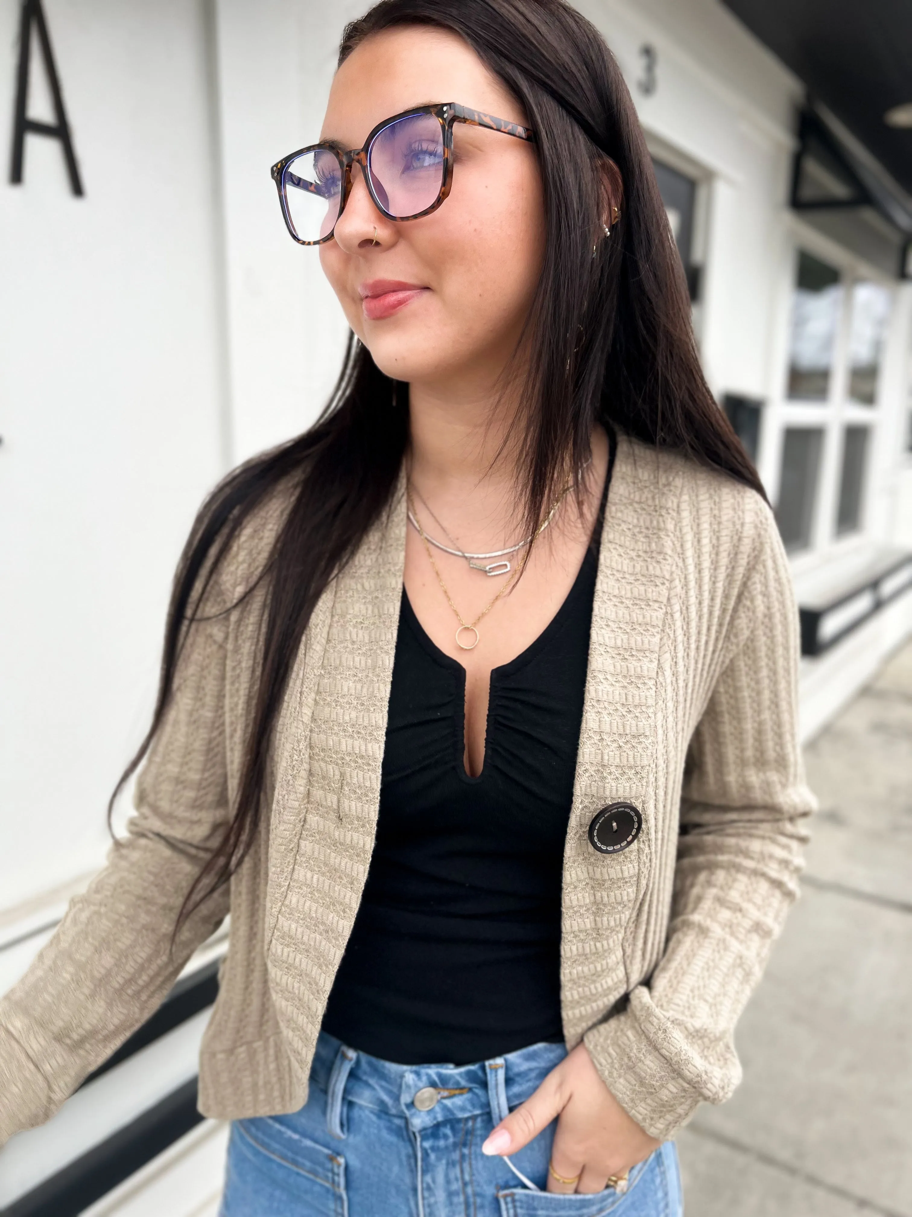 Nola One Button Knit Cardi- Moss