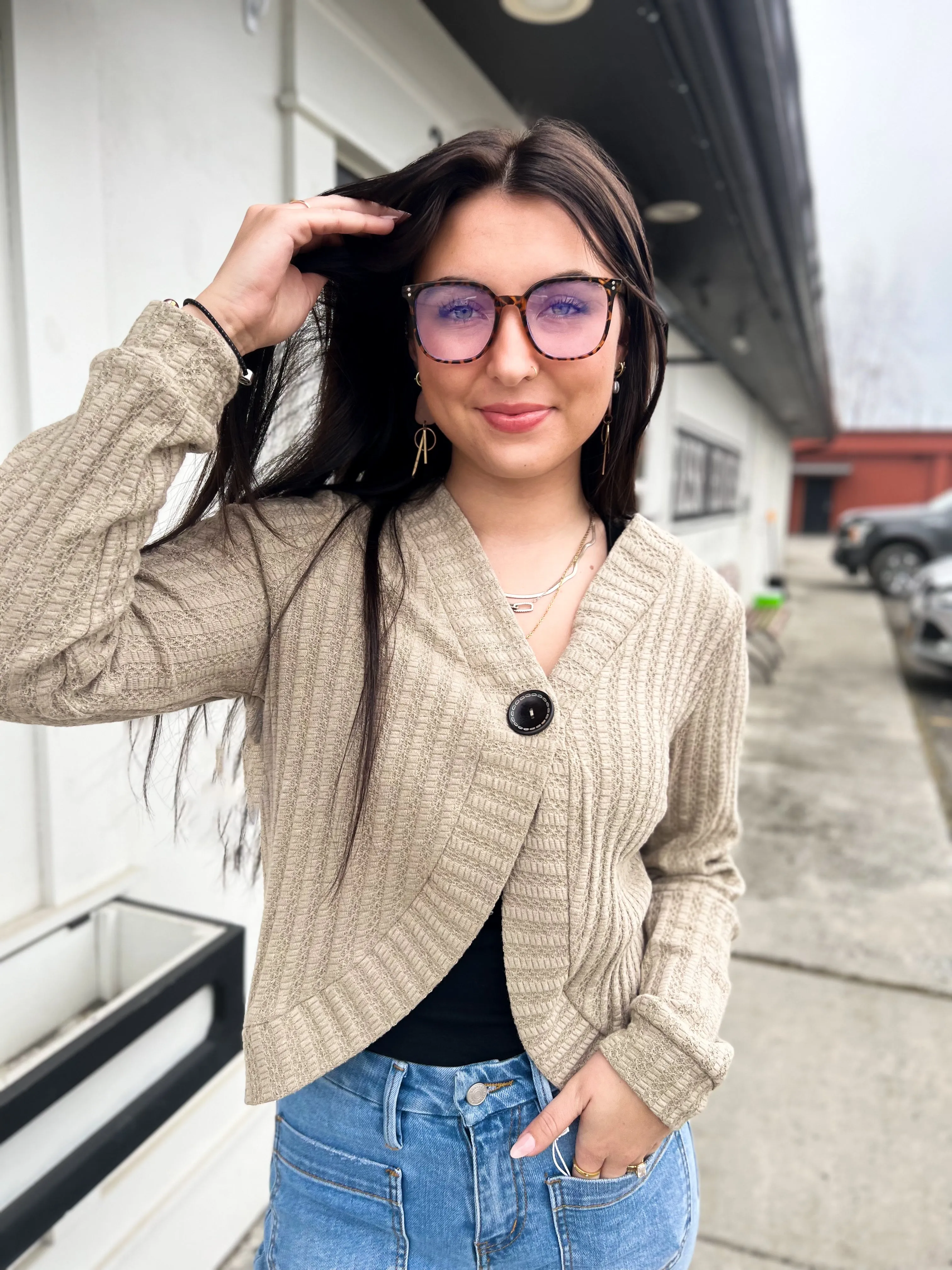 Nola One Button Knit Cardi- Moss