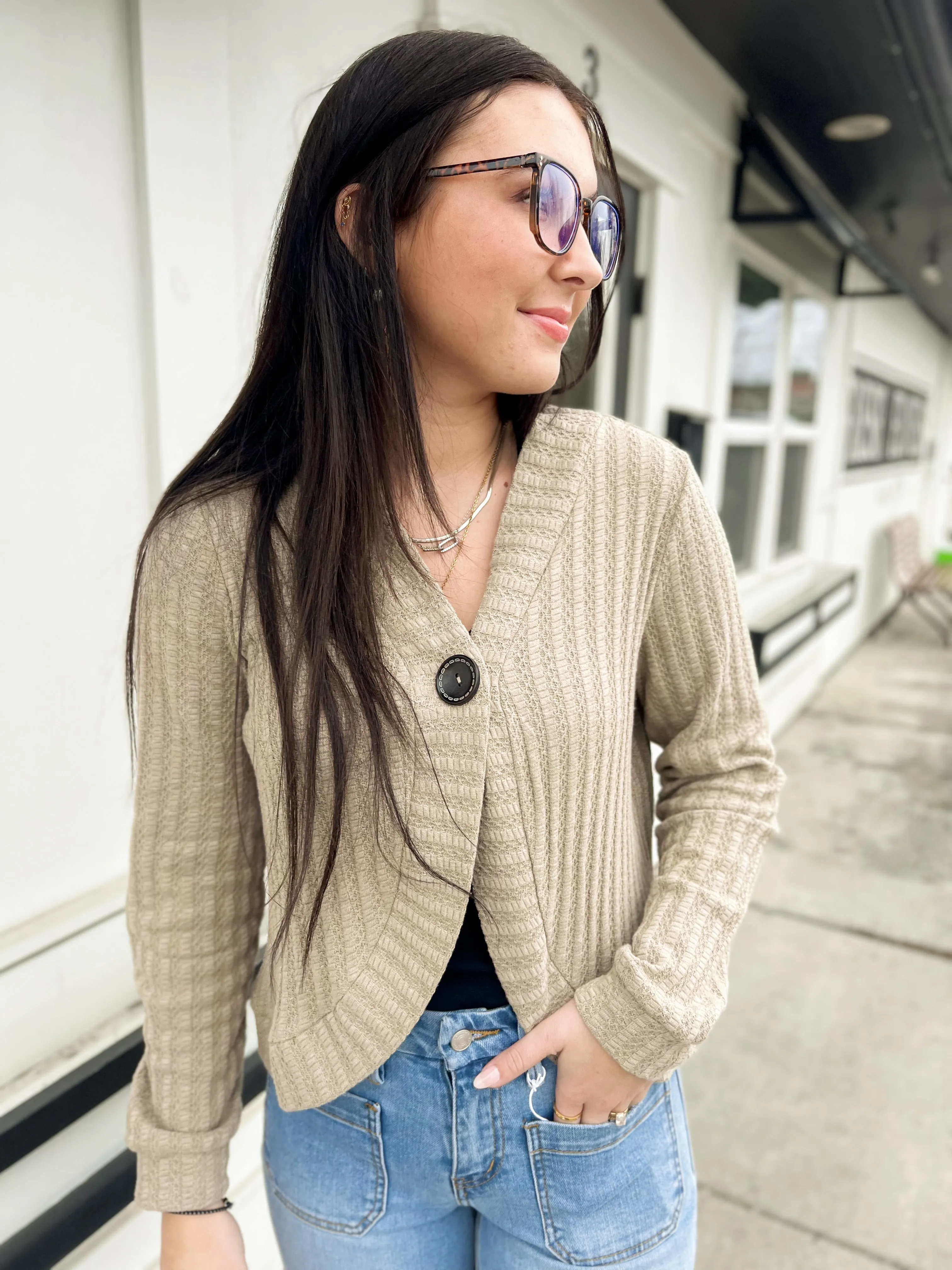 Nola One Button Knit Cardi- Moss