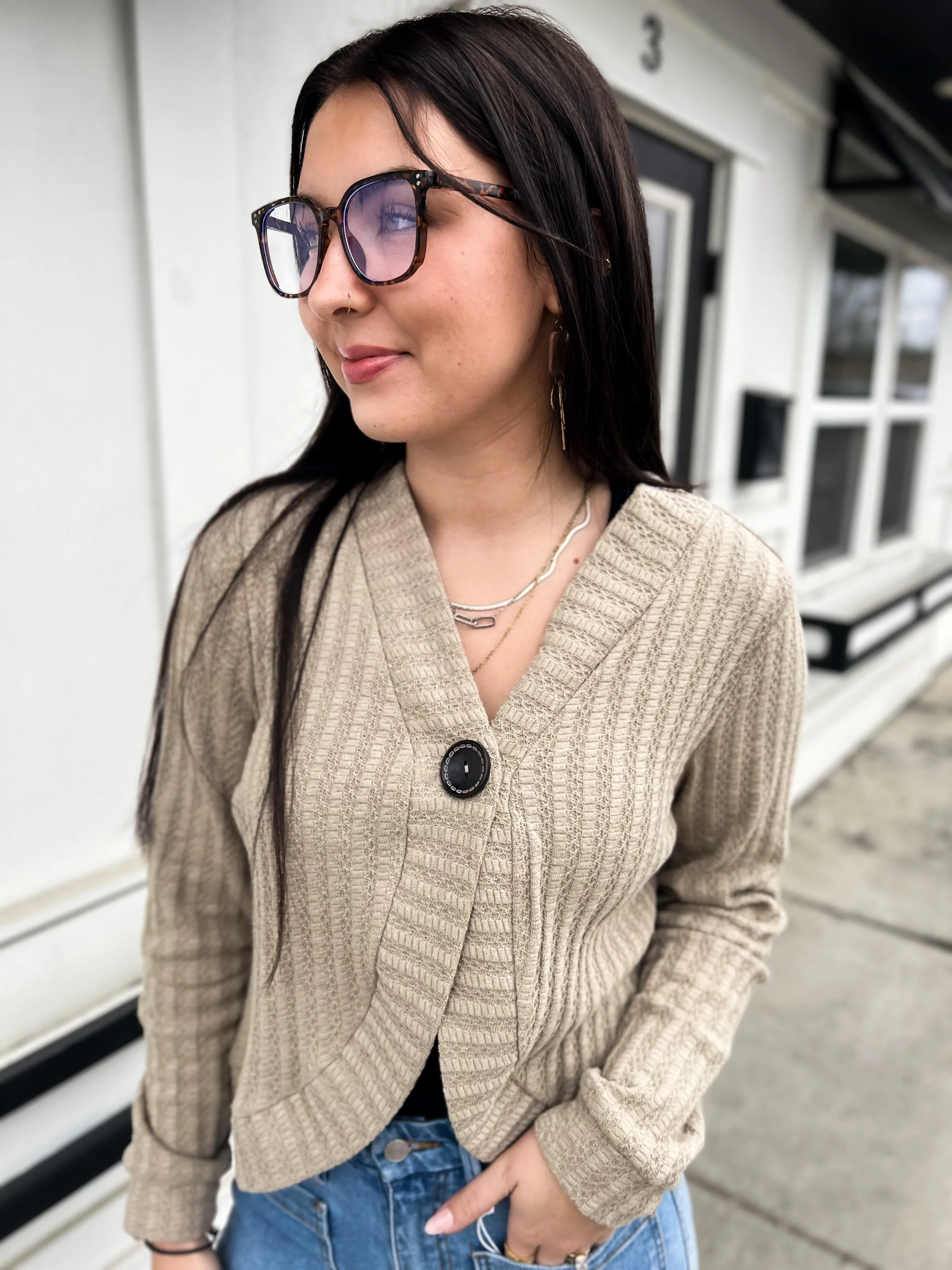 Nola One Button Knit Cardi- Moss