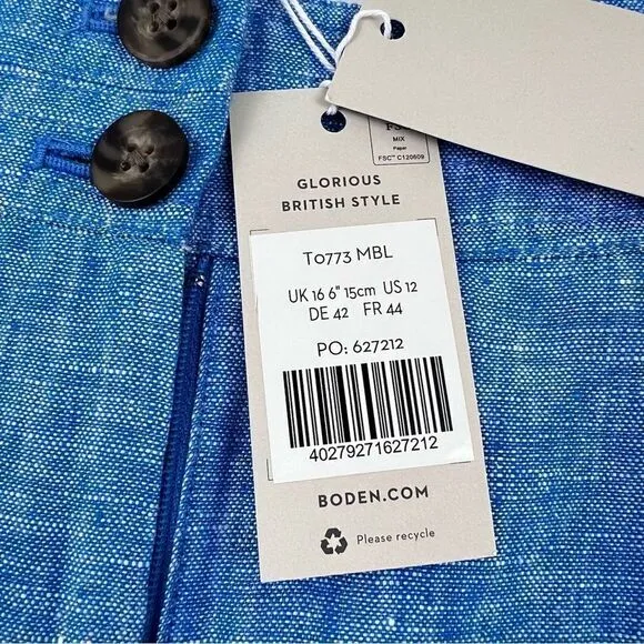 NWT Boden Cornwall 100% Linen High Rise Shorts Moroccan Blue Tonic Size 12