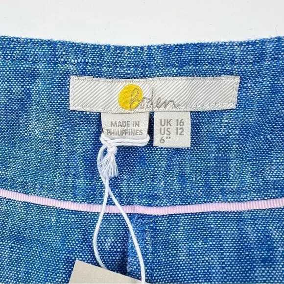NWT Boden Cornwall 100% Linen High Rise Shorts Moroccan Blue Tonic Size 12
