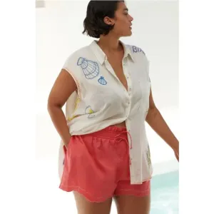 NWT by Anthropologie Linen Double Waistband Coral Contrast Stitch Shorts XL