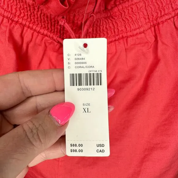 NWT by Anthropologie Linen Double Waistband Coral Contrast Stitch Shorts XL