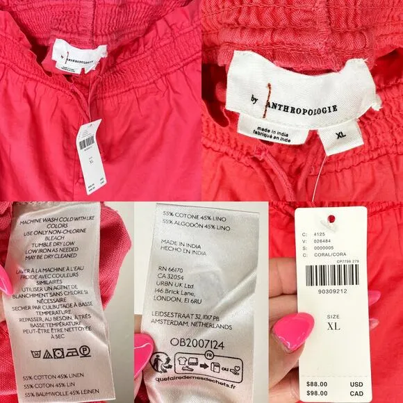 NWT by Anthropologie Linen Double Waistband Coral Contrast Stitch Shorts XL