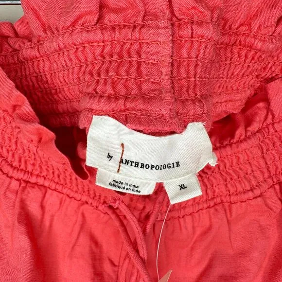 NWT by Anthropologie Linen Double Waistband Coral Contrast Stitch Shorts XL