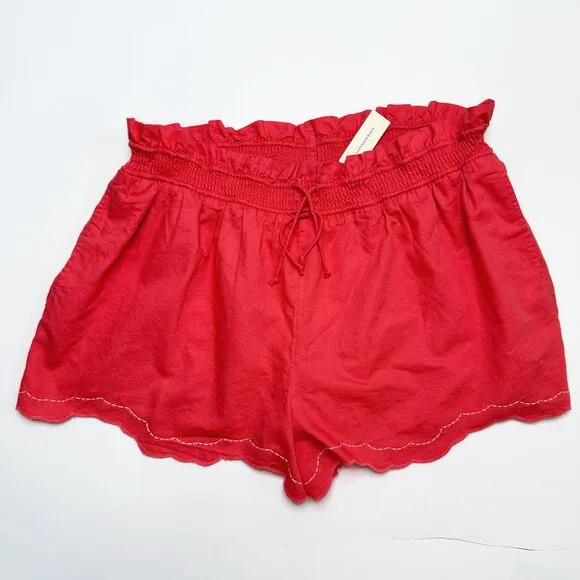 NWT by Anthropologie Linen Double Waistband Coral Contrast Stitch Shorts XL