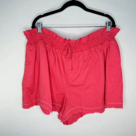 NWT by Anthropologie Linen Double Waistband Coral Contrast Stitch Shorts XL