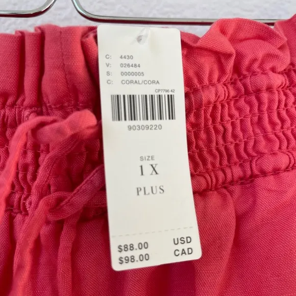 NWT By Anthropologie Linen Double Waistband Shorts With Pockets Coral Size 1X