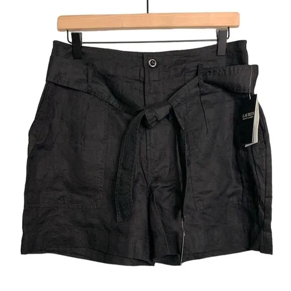 NWT LAUREN Ralph Lauren Belted Linen Shorts in Black. Size 6