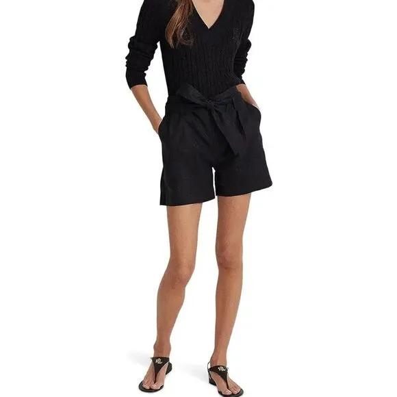 NWT LAUREN Ralph Lauren Belted Linen Shorts in Black. Size 6