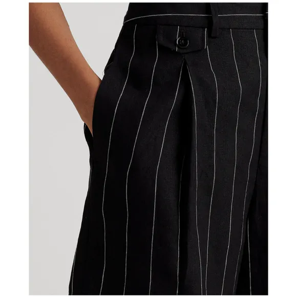 NWT Lauren Ralph Lauren Pinstriped Pleated Linen Shorts Black/White 10 MSRP $125