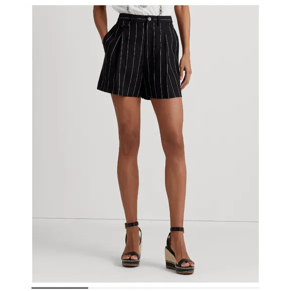 NWT Lauren Ralph Lauren Pinstriped Pleated Linen Shorts Black/White 10 MSRP $125