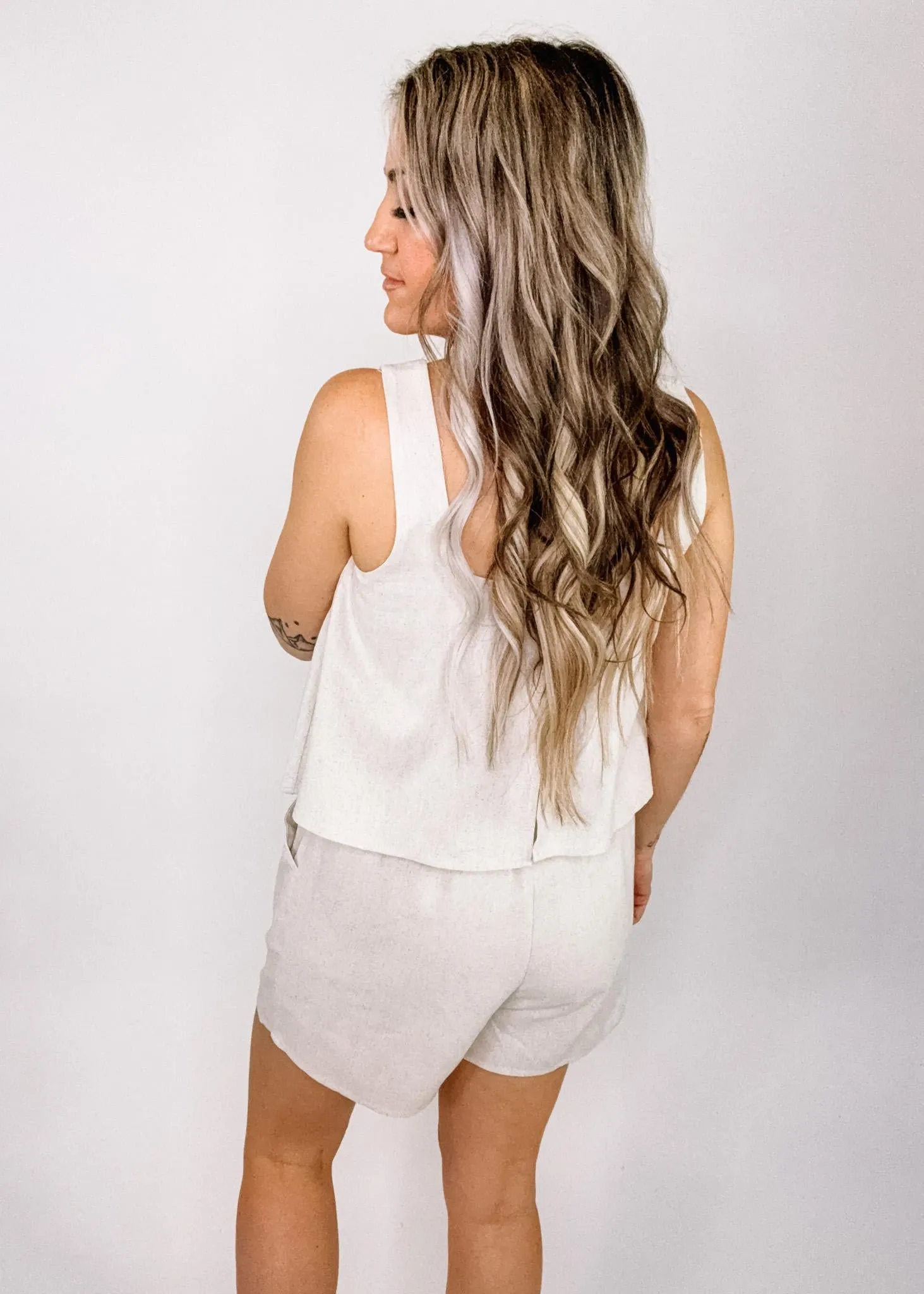 Oatmeal Linen Ruffle Romper