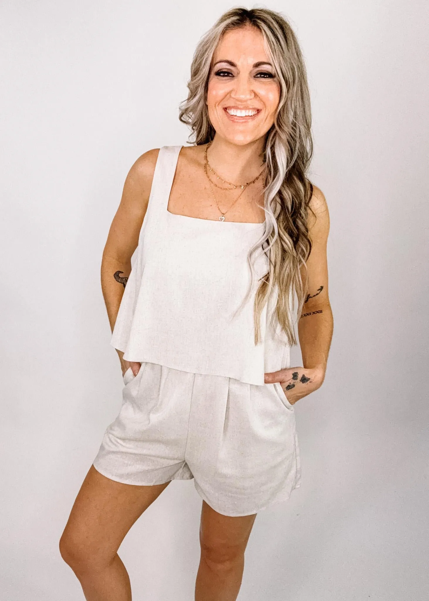 Oatmeal Linen Ruffle Romper