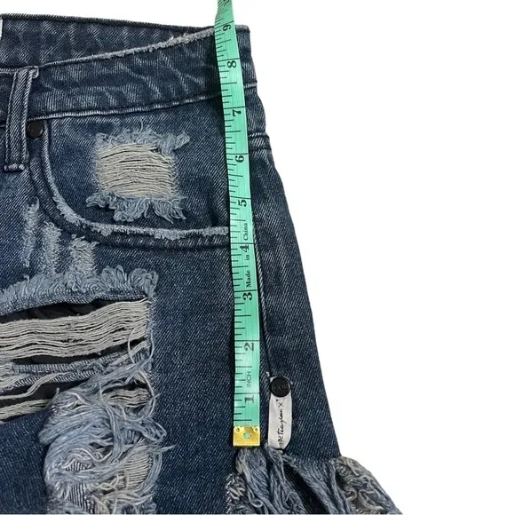 ONE Teaspoon High Waist Jean Cut Off Shorts in Blue Raw Hem Destroyed - Size 24
