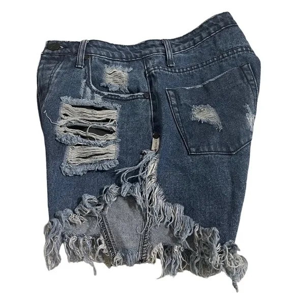 ONE Teaspoon High Waist Jean Cut Off Shorts in Blue Raw Hem Destroyed - Size 24