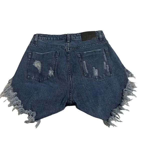 ONE Teaspoon High Waist Jean Cut Off Shorts in Blue Raw Hem Destroyed - Size 24