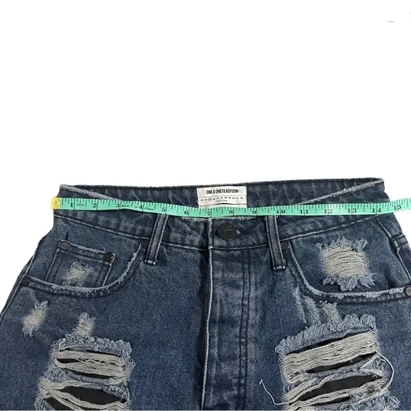 ONE Teaspoon High Waist Jean Cut Off Shorts in Blue Raw Hem Destroyed - Size 24