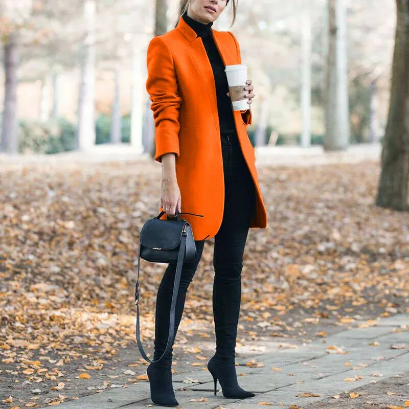 Open Long Sleeve Woolen Coat for Winter Elegance