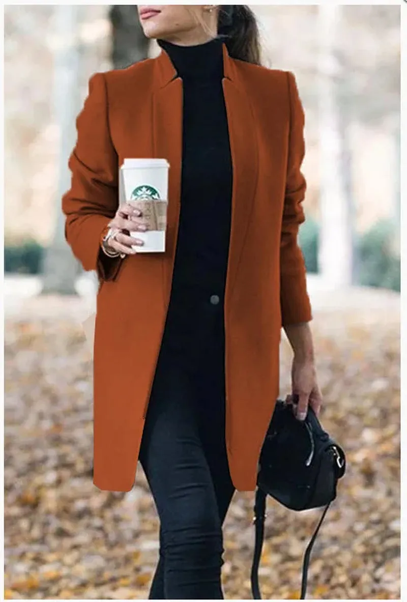 Open Long Sleeve Woolen Coat for Winter Elegance