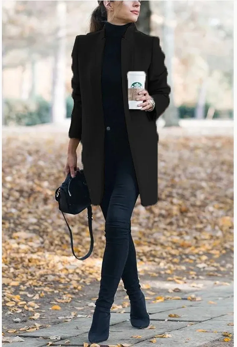 Open Long Sleeve Woolen Coat for Winter Elegance