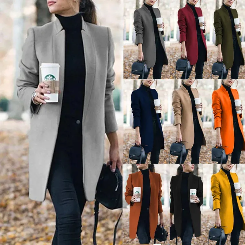 Open Long Sleeve Woolen Coat for Winter Elegance
