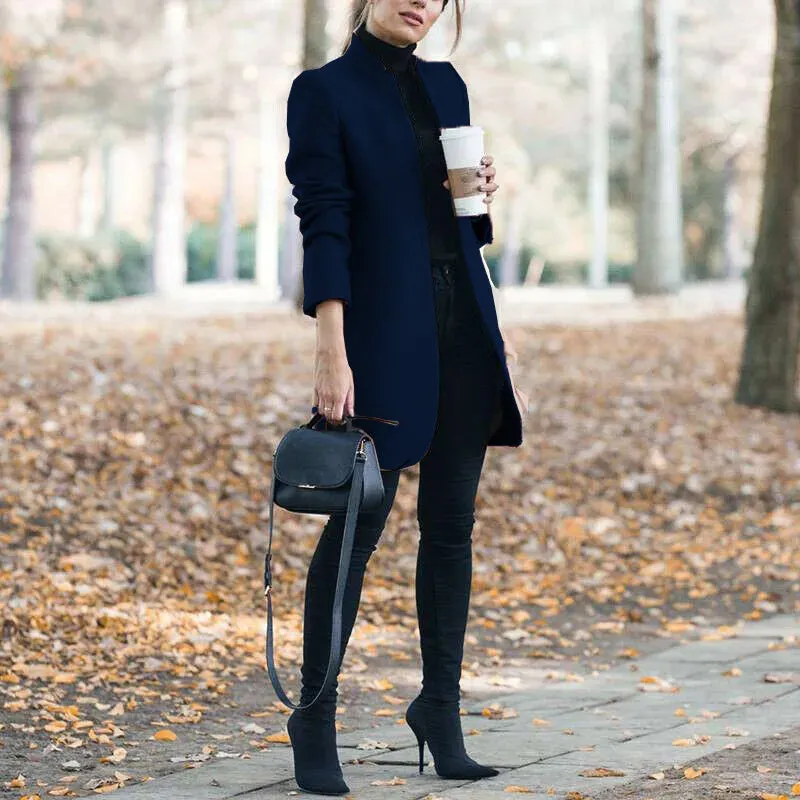 Open Long Sleeve Woolen Coat for Winter Elegance