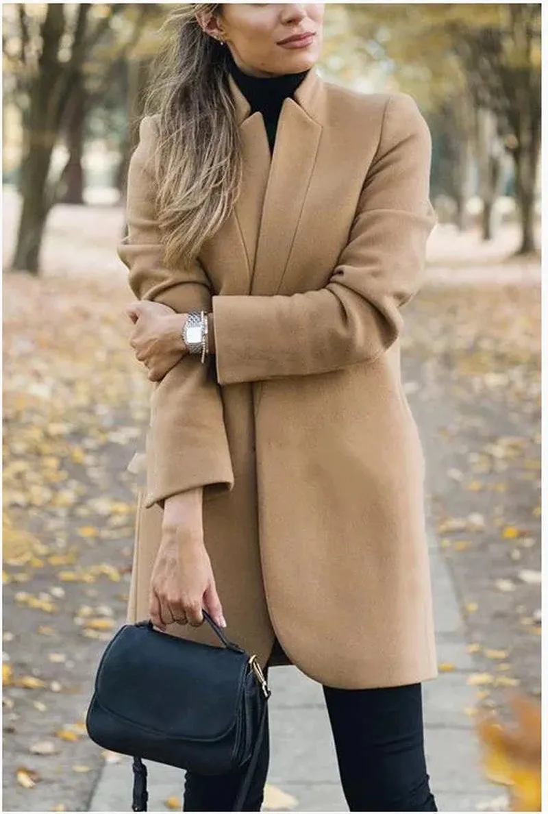 Open Long Sleeve Woolen Coat for Winter Elegance