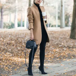 Open Long Sleeve Woolen Coat for Winter Elegance