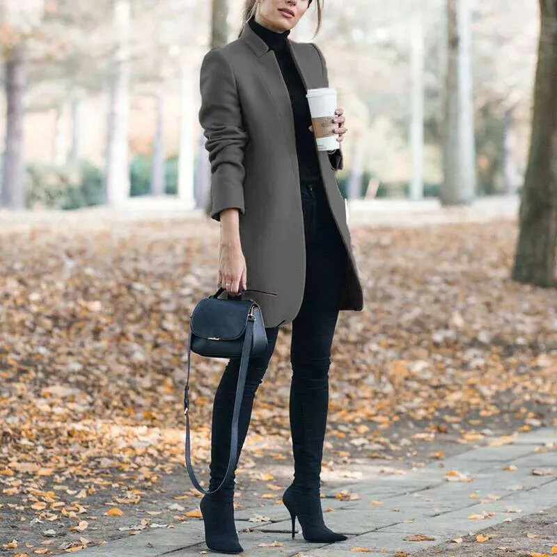 Open Long Sleeve Woolen Coat for Winter Elegance